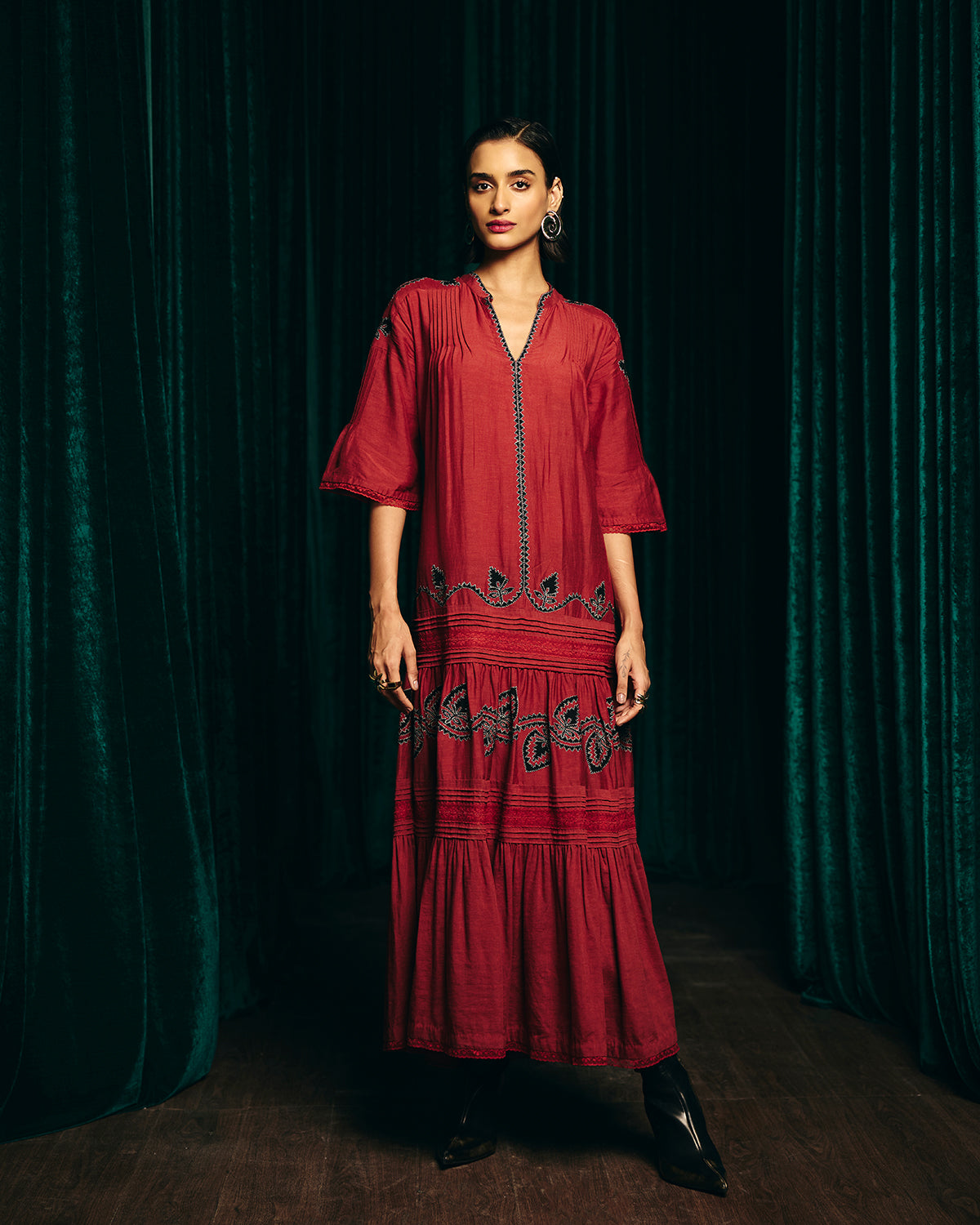 Valentina Red Embroidered Pintuck Dress