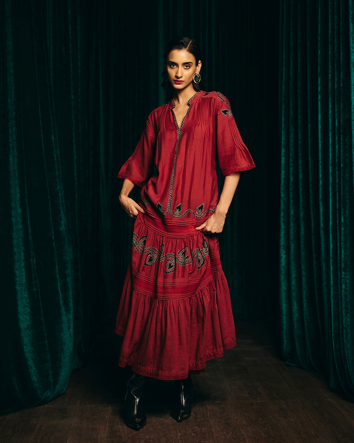 Valentina Red Embroidered Pintuck Dress