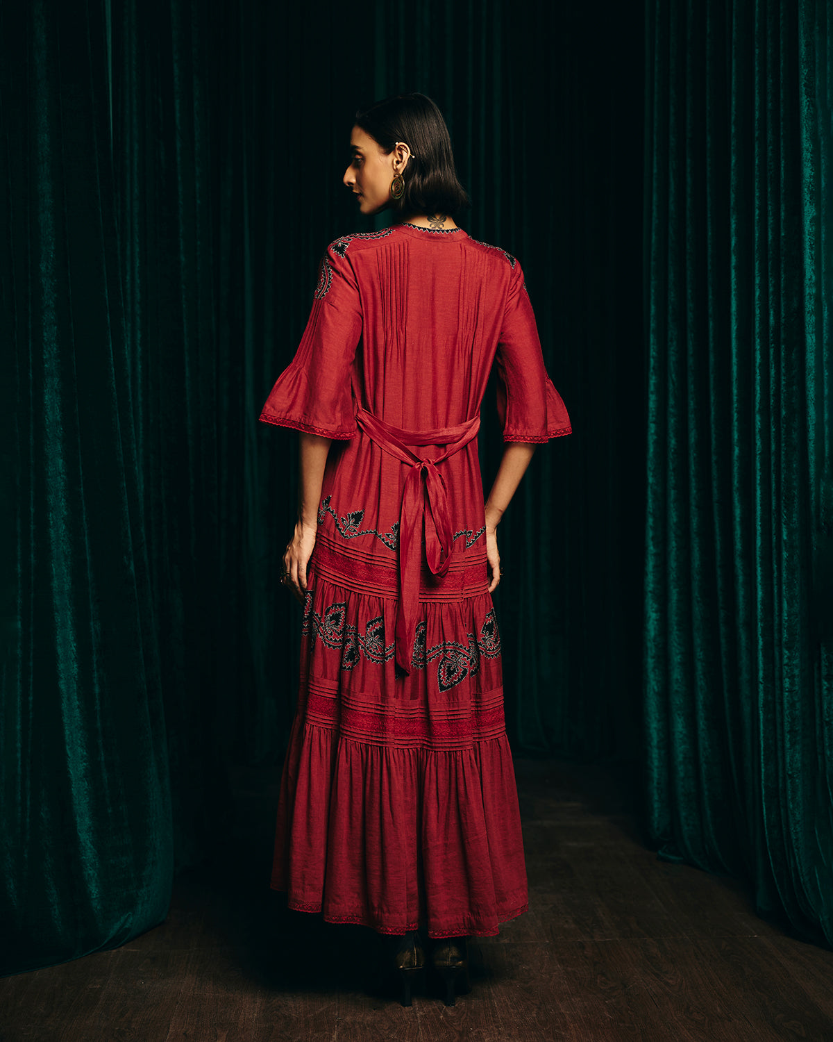 Valentina Red Embroidered Pintuck Dress