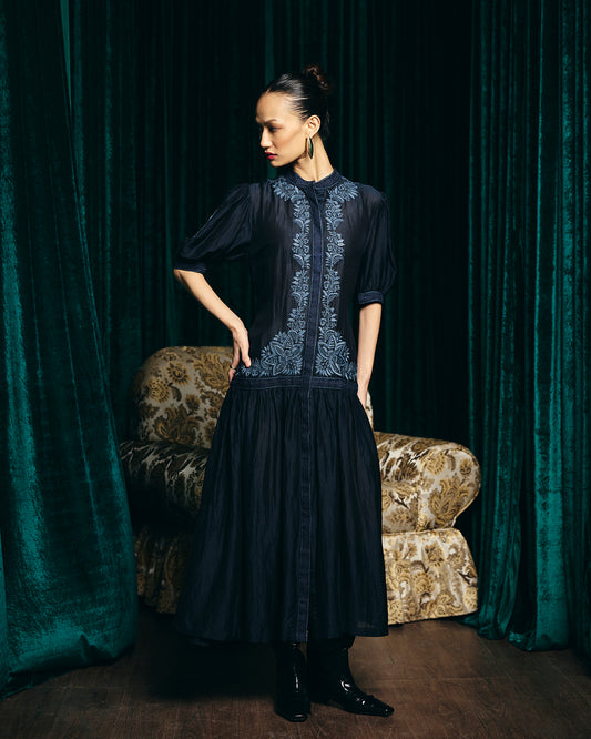 Camilla Navy Blue Emboidered  Tier Dress