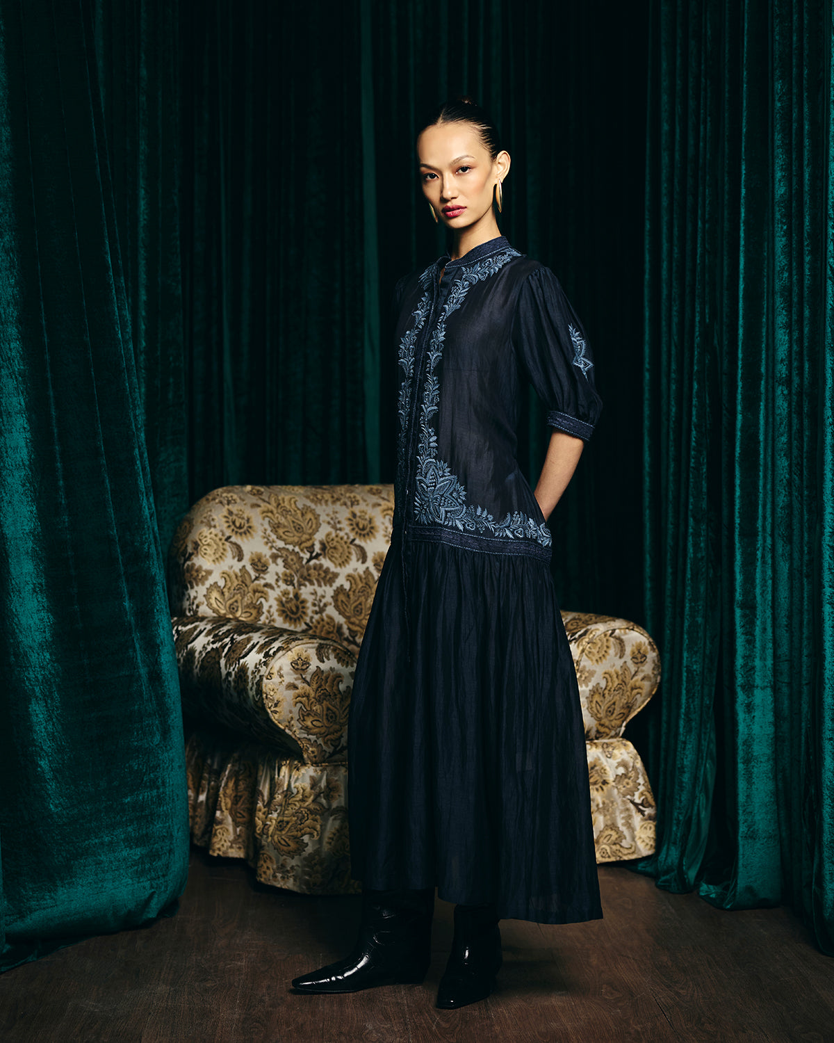 Camilla Navy Blue Emboidered  Tier Dress