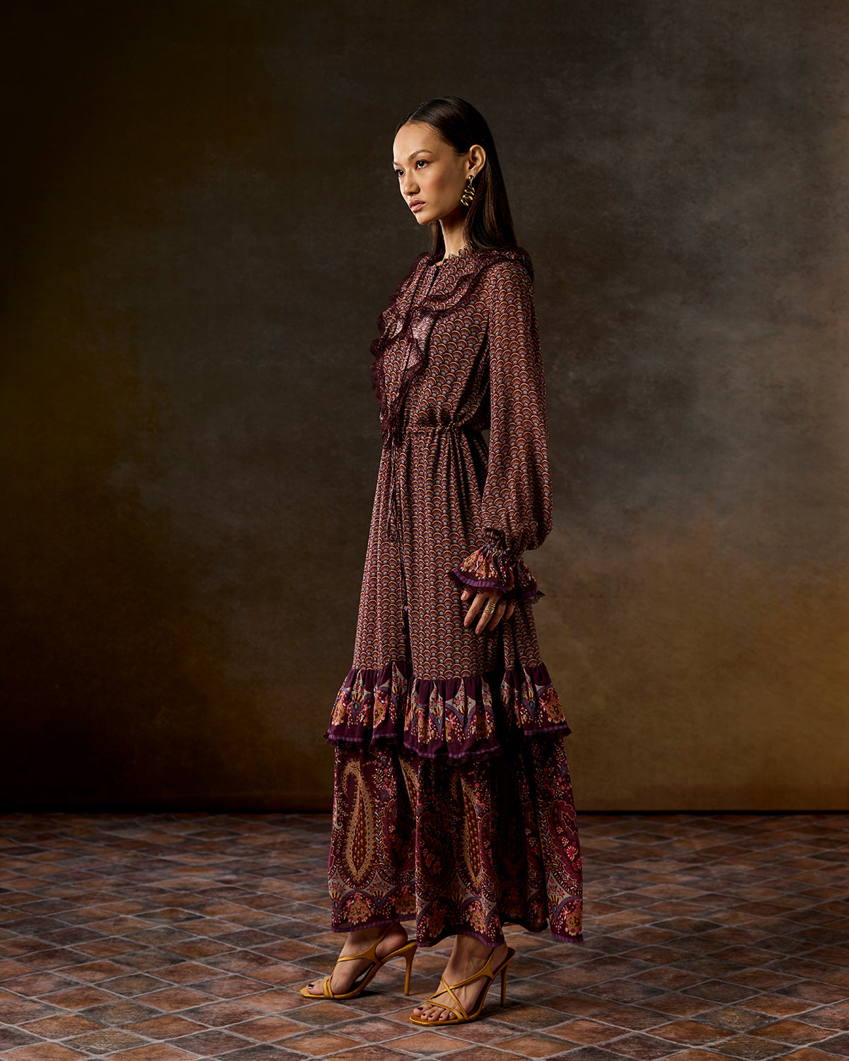 Maisie Wine Ruffle Dress