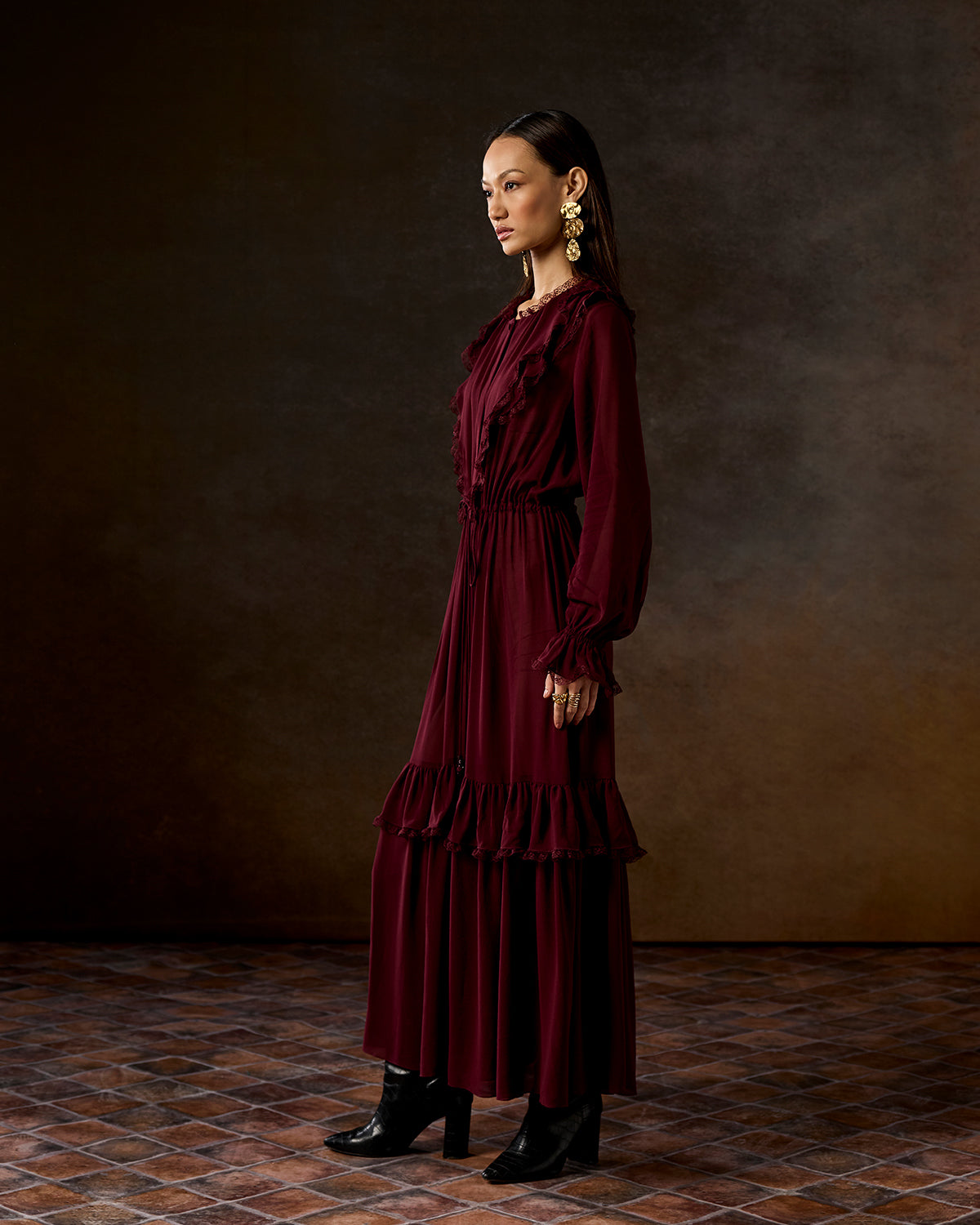 Maisie Wine Ruffle Dress