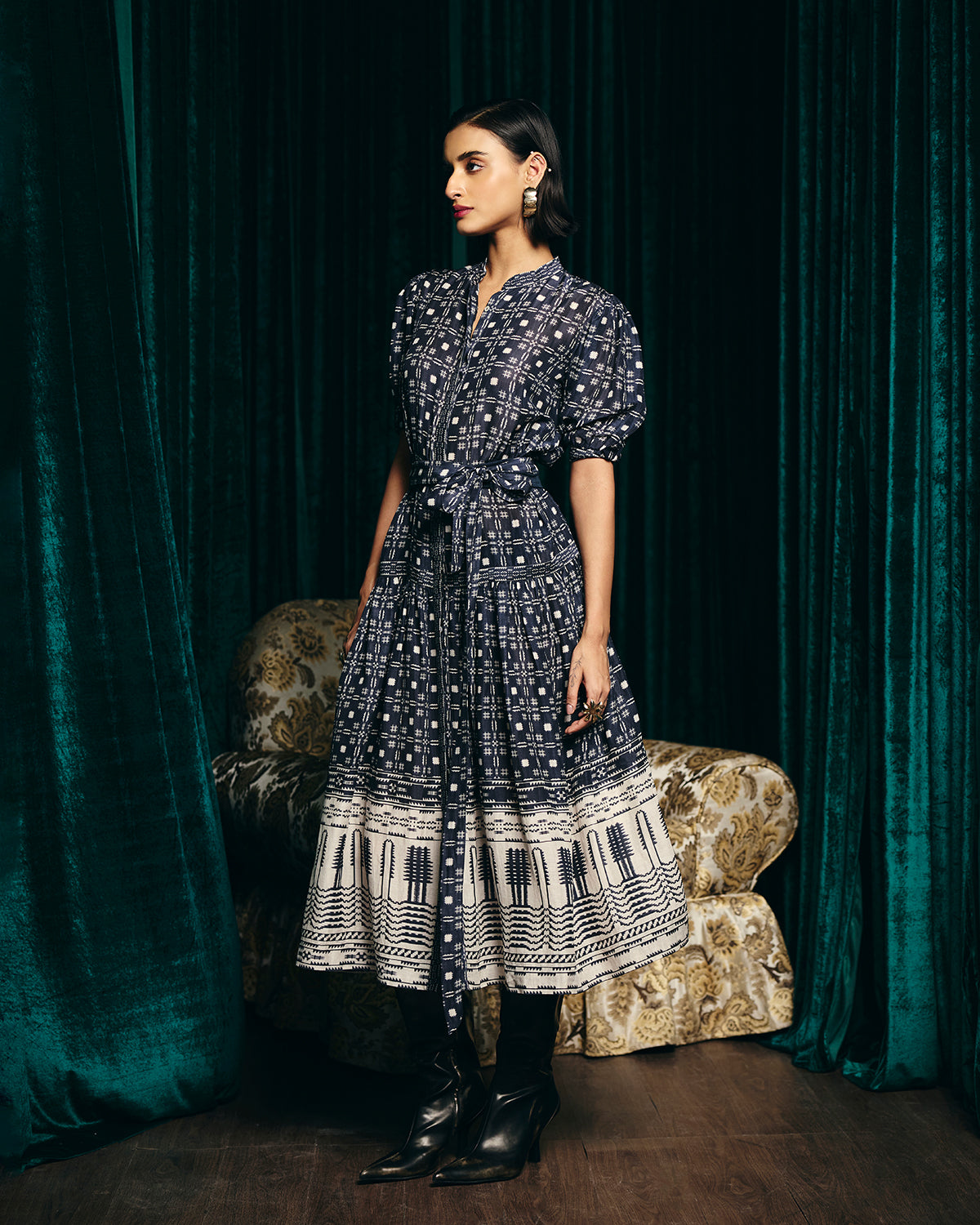 Audrey Navy Blue Printed Dress