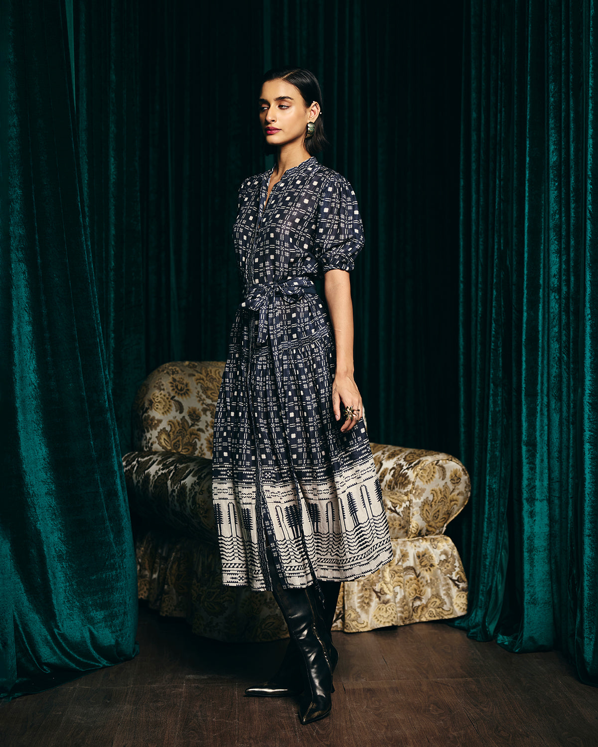 Audrey Navy Blue Printed Dress