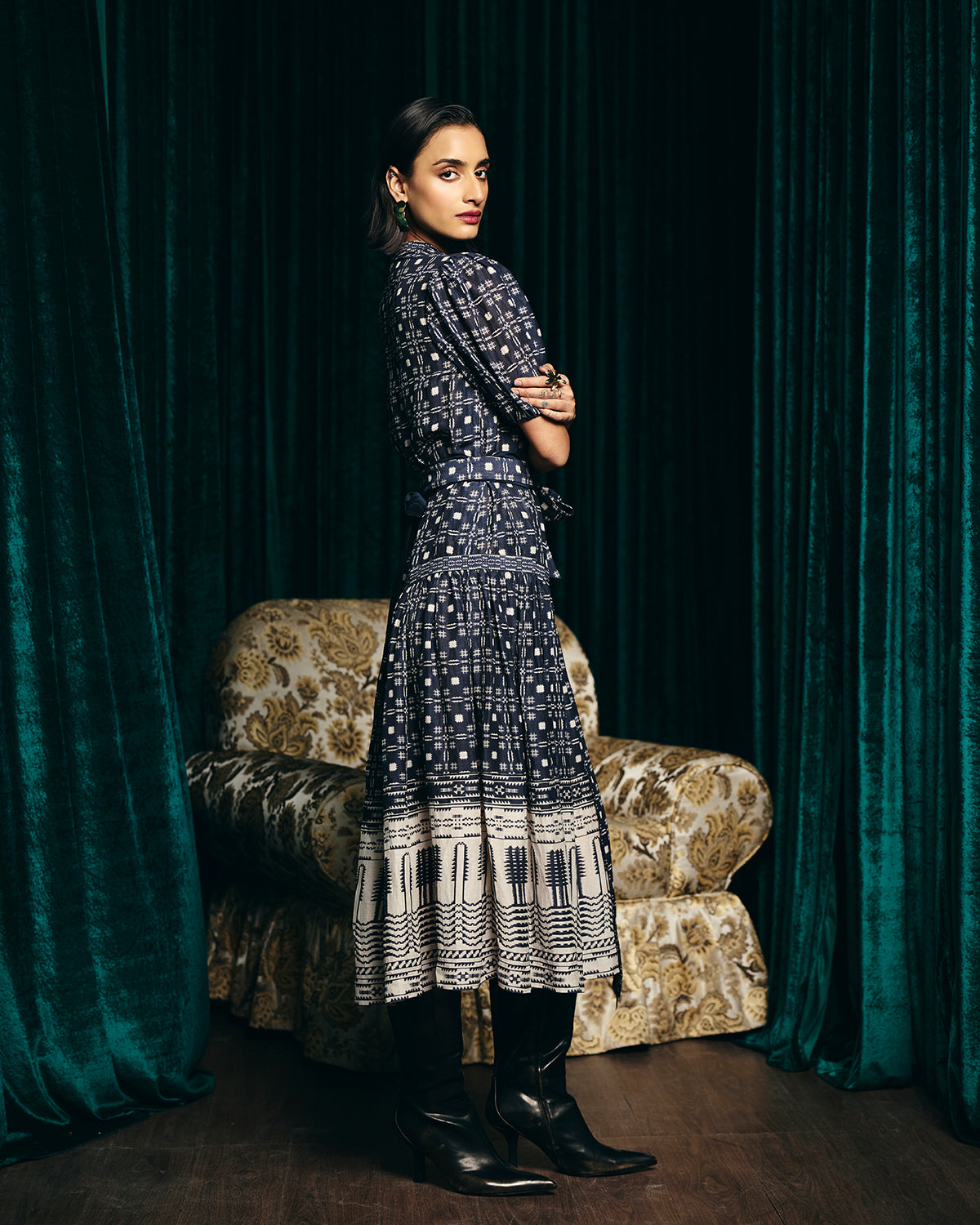 Audrey Navy Blue Printed Dress