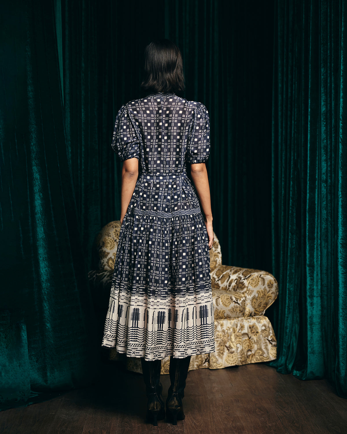 Audrey Navy Blue Printed Dress