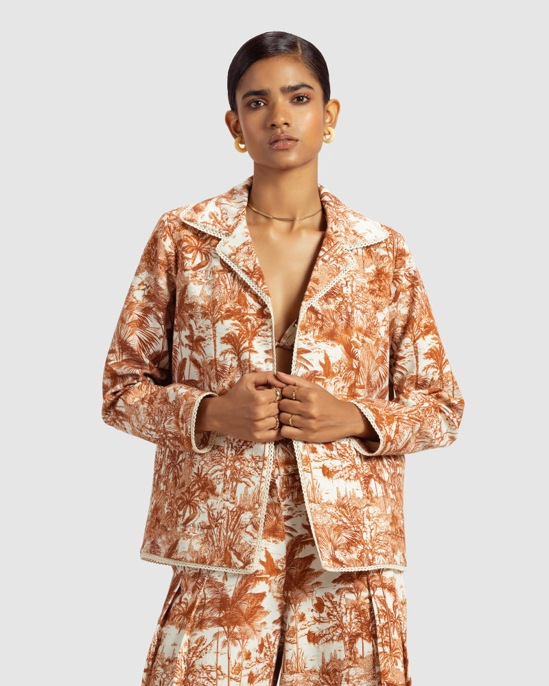 Brown  Tropical Print Cotton Twill Day JacketProduct DescriptionThis awe-inspiring jacket makes a statement with our tropical print that reimagines Indian flora and fauna motifs with contemporary blue colourwayJacketsBrown Tropical Print Cotton Twill Day Jacket