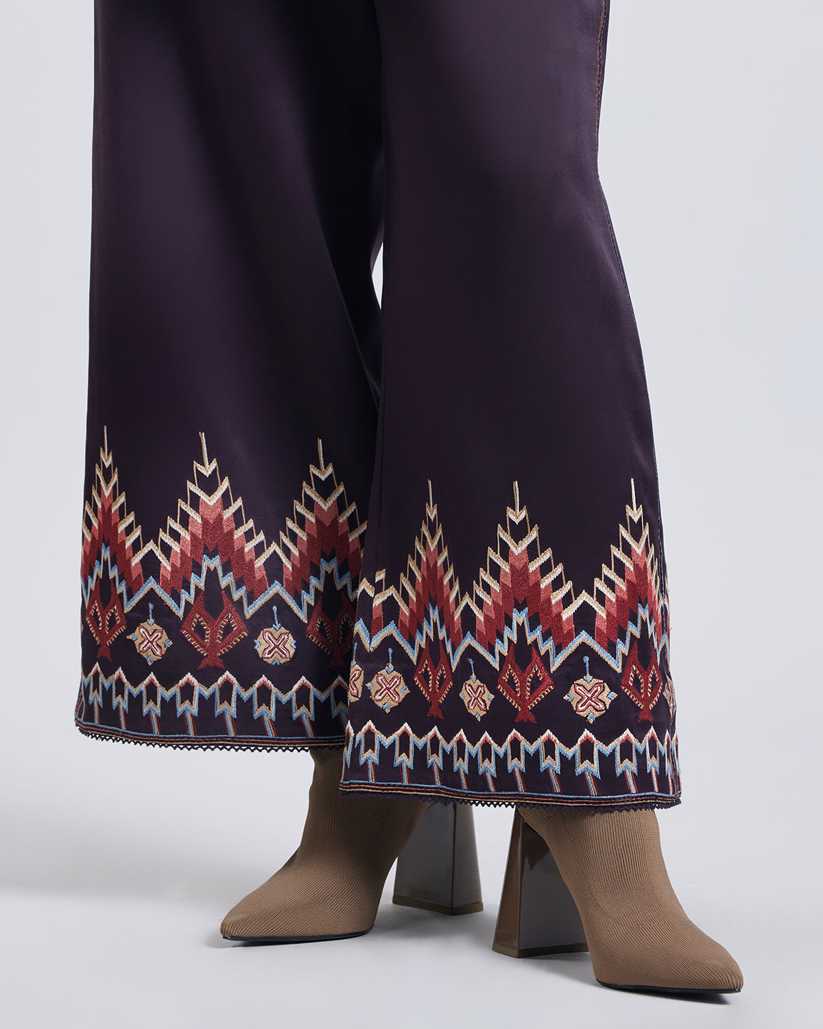 Folk Embroidered Silk Satin Pant