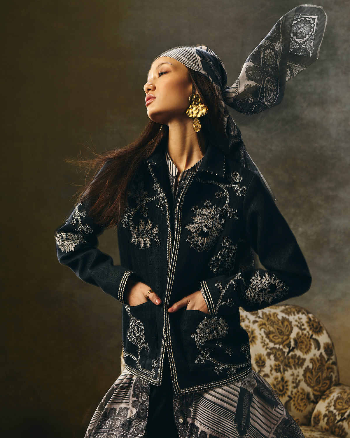 Mirella Stone Grey Hand-Embroidered Denim Jacket