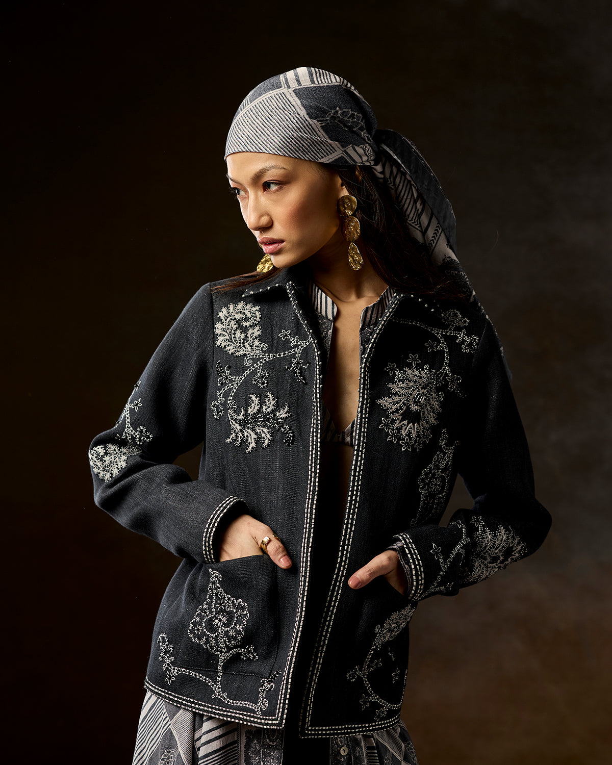 Mirella Stone Grey Hand-Embroidered Denim Jacket