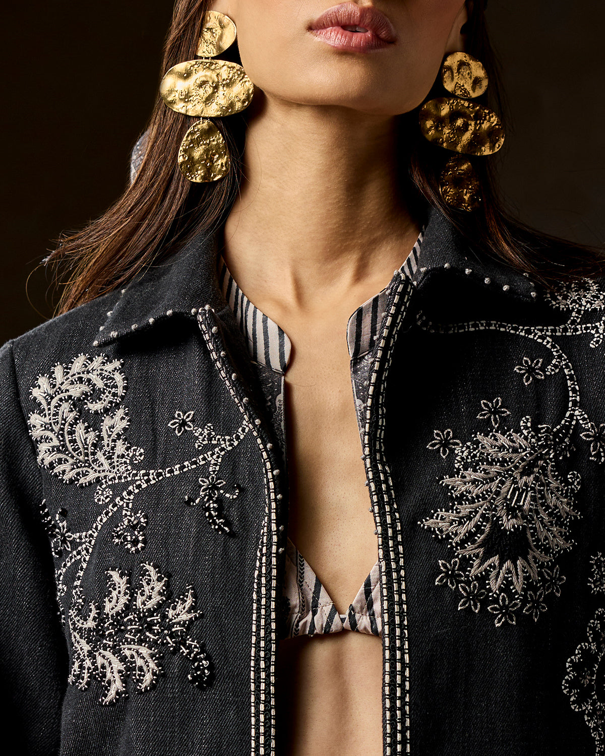 Mirella Stone Grey Hand-Embroidered Denim Jacket