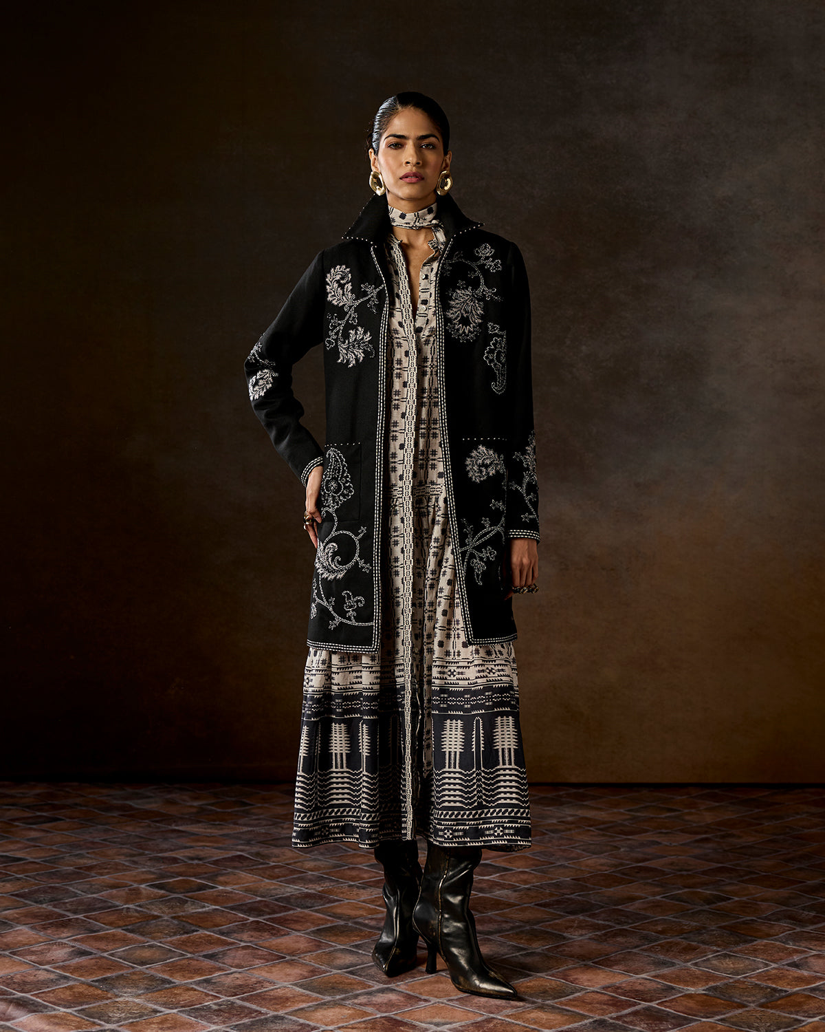 Mirella Long Black Hand-Embroidered Jacket