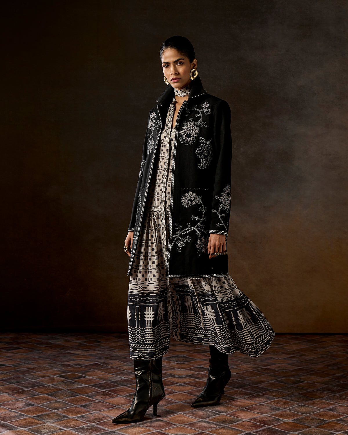 Mirella Long Black Hand-Embroidered Jacket