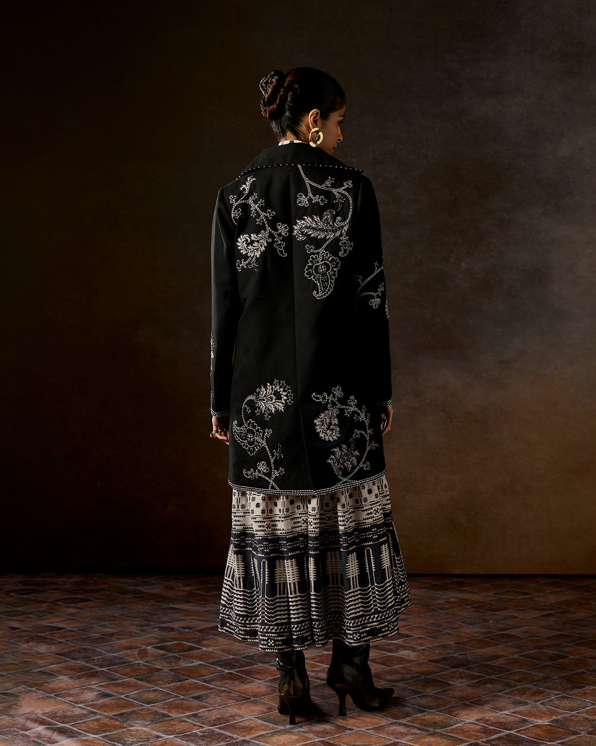 Mirella Long Black Hand-Embroidered Jacket