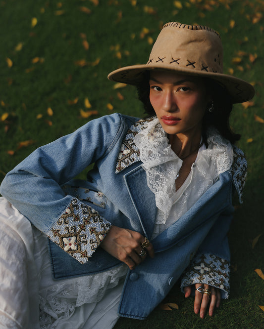 Raine Embellished Washed Blue Denim Jacket