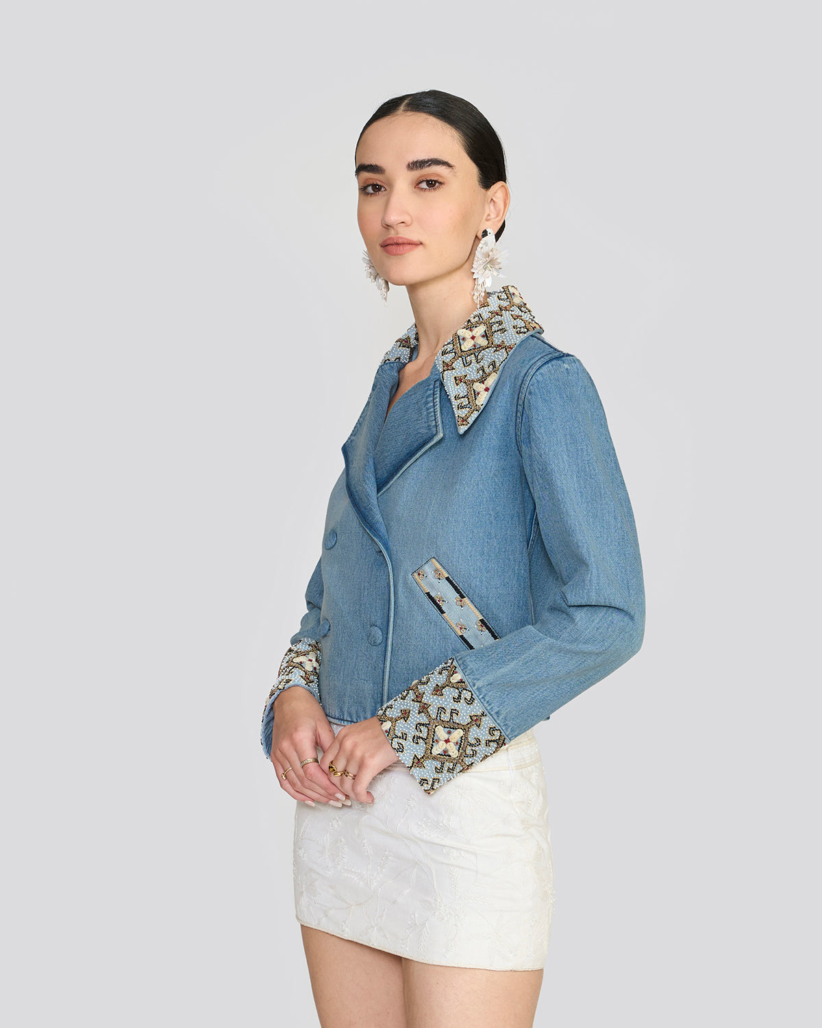 Raine Embellished Washed Blue Denim Jacket