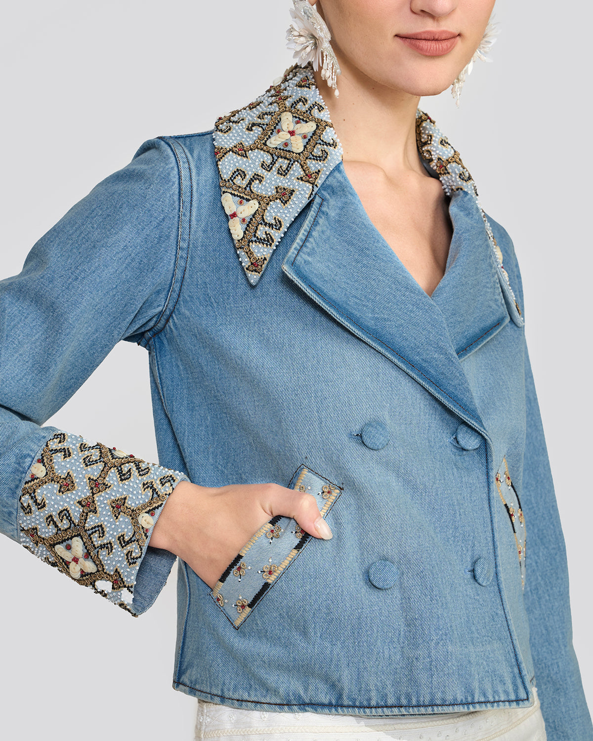 Raine Embellished Washed Blue Denim Jacket