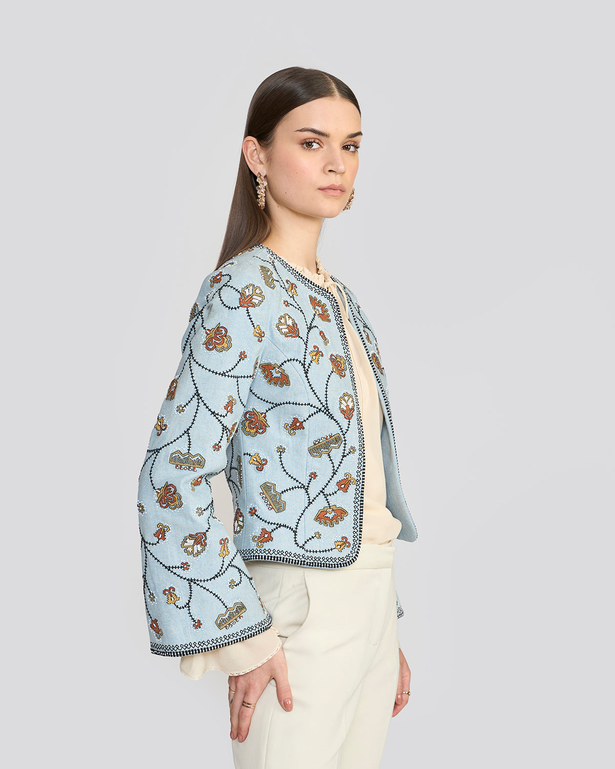 Mira Embroidered Blue Denim Jacket