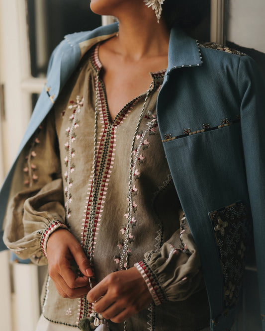 Corinne Embroidered Blue Denim Jacket