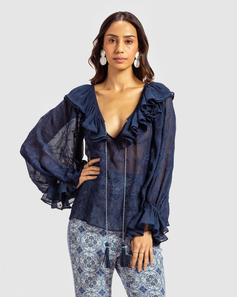 Navy Ruffled Silk Blouse With Dori Embroidery