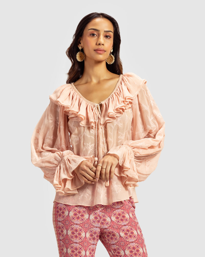 Pink Ruffled Silk Blouse With Dori Embroidery