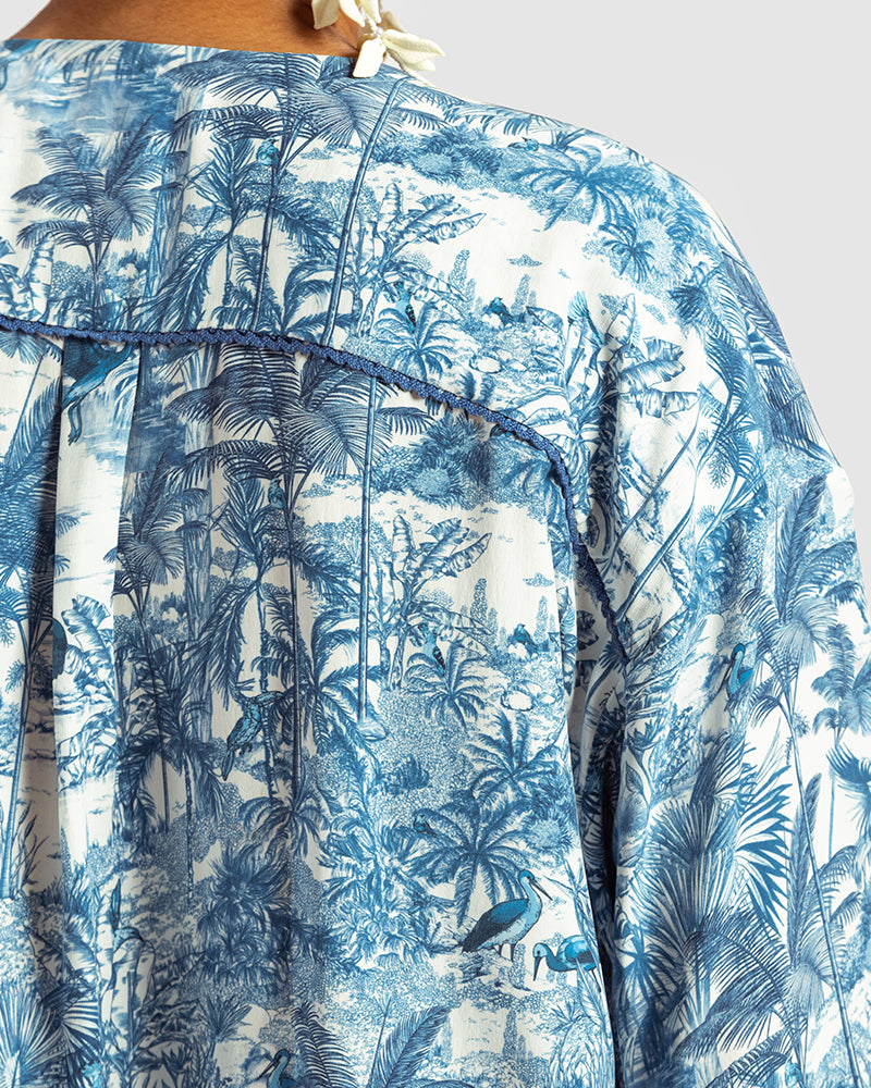 Blue Tropical Print Silk Blouse