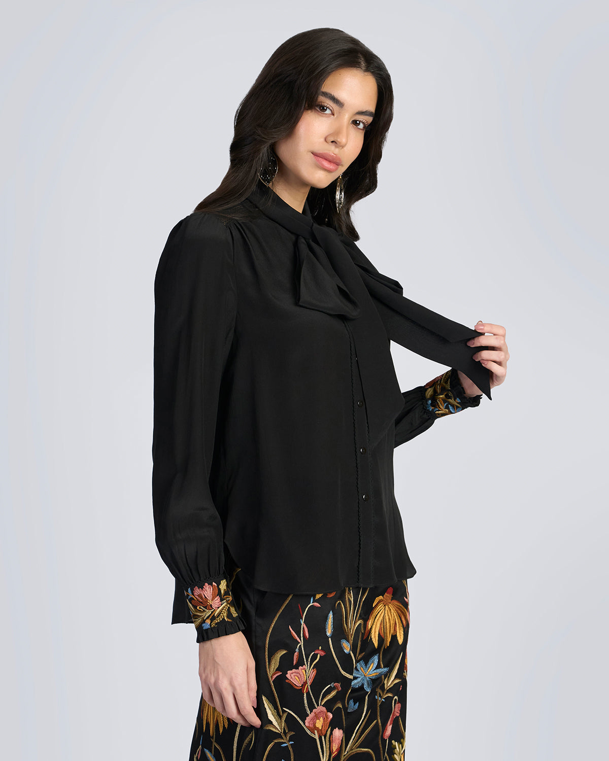 Black Embroidered Scarf Neck Silk Blouse