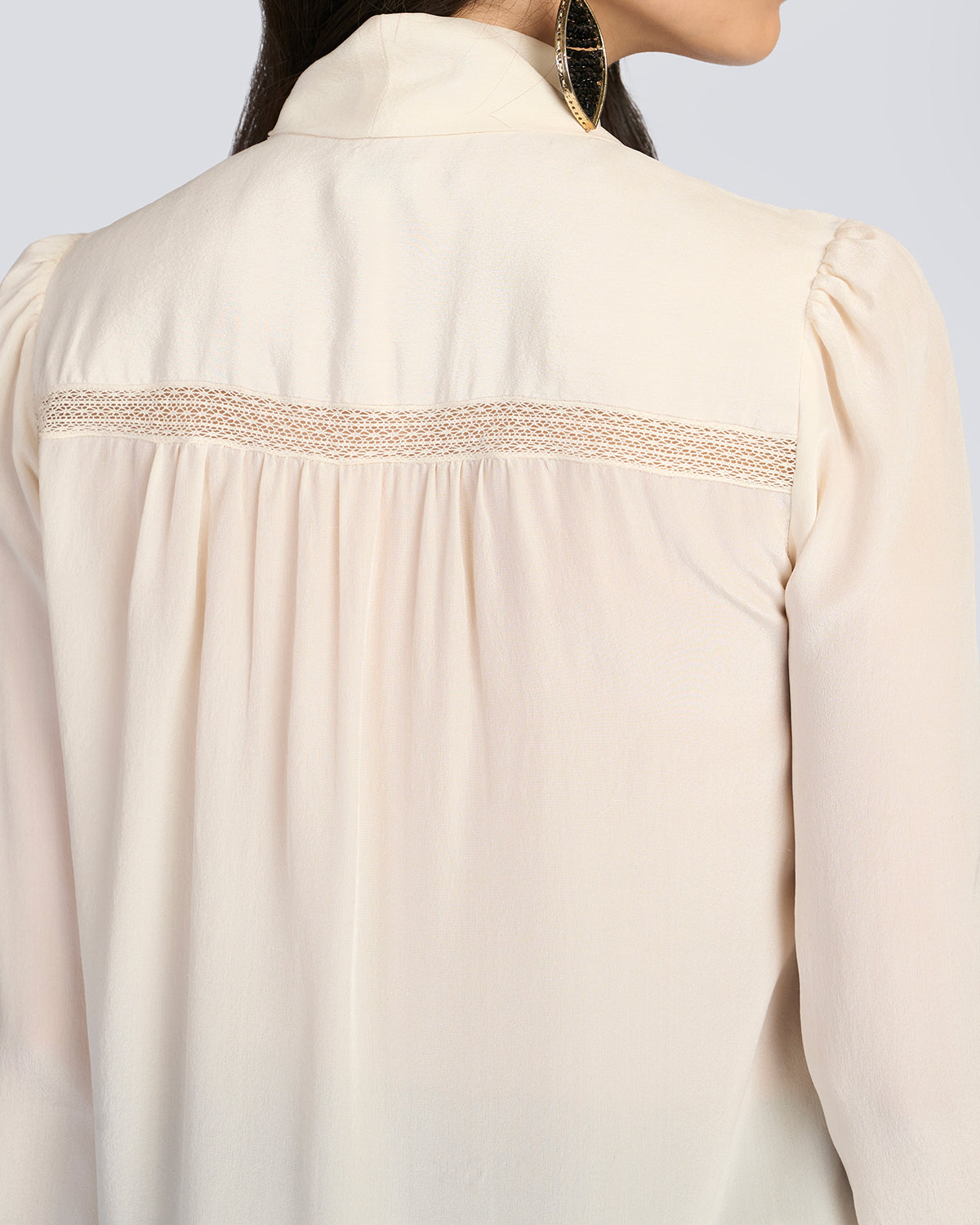 Beige Embroidered Scarf Neck Silk Blouse