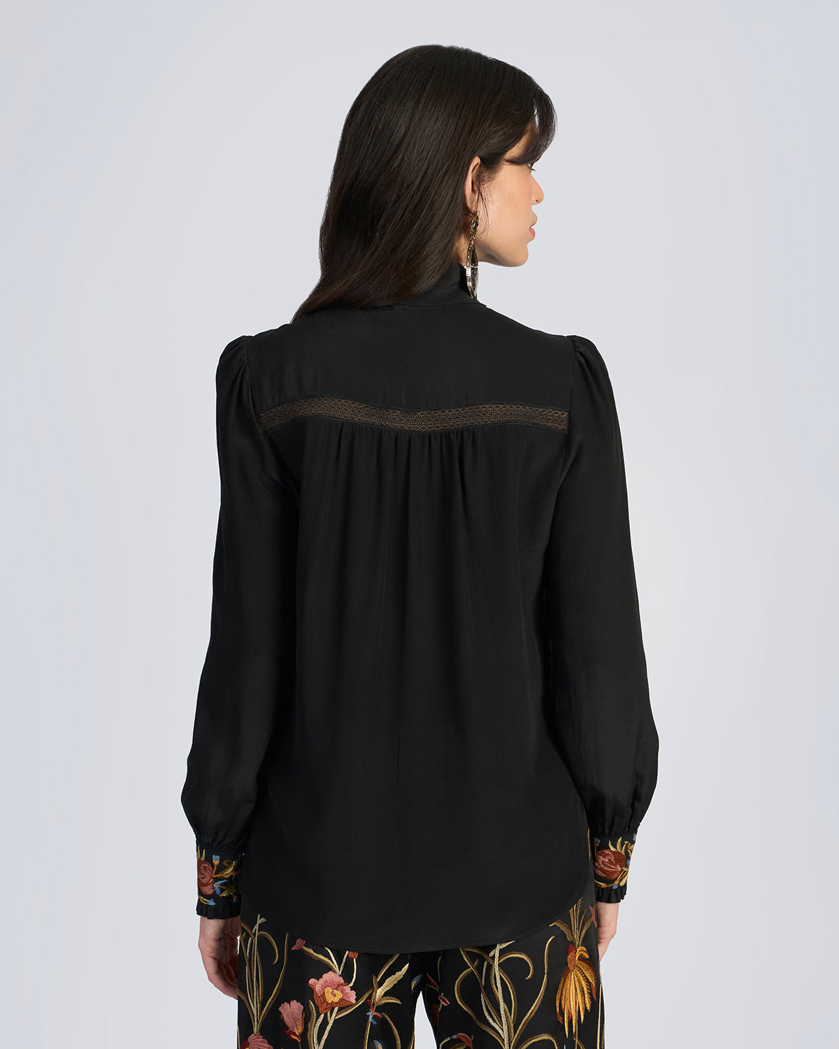 Black Embroidered Scarf Neck Silk Blouse