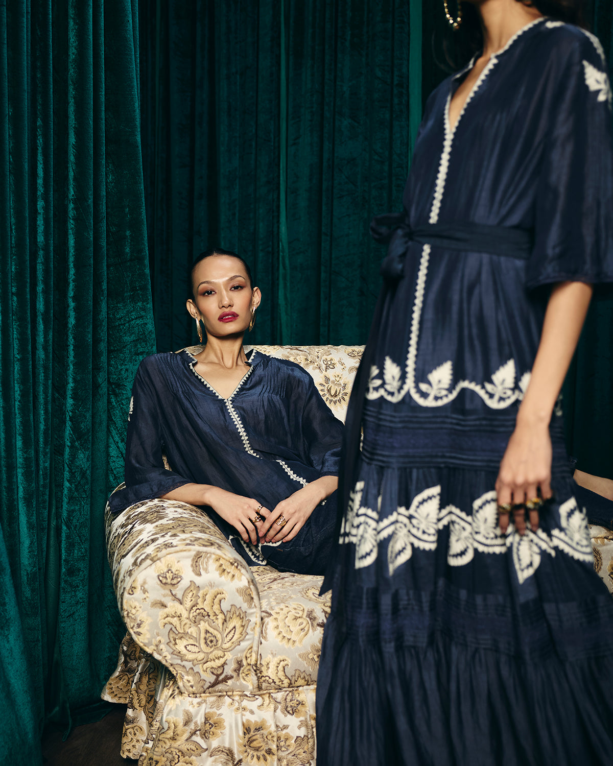 Valentina Navy Blue Embroidered Pintuck blouse