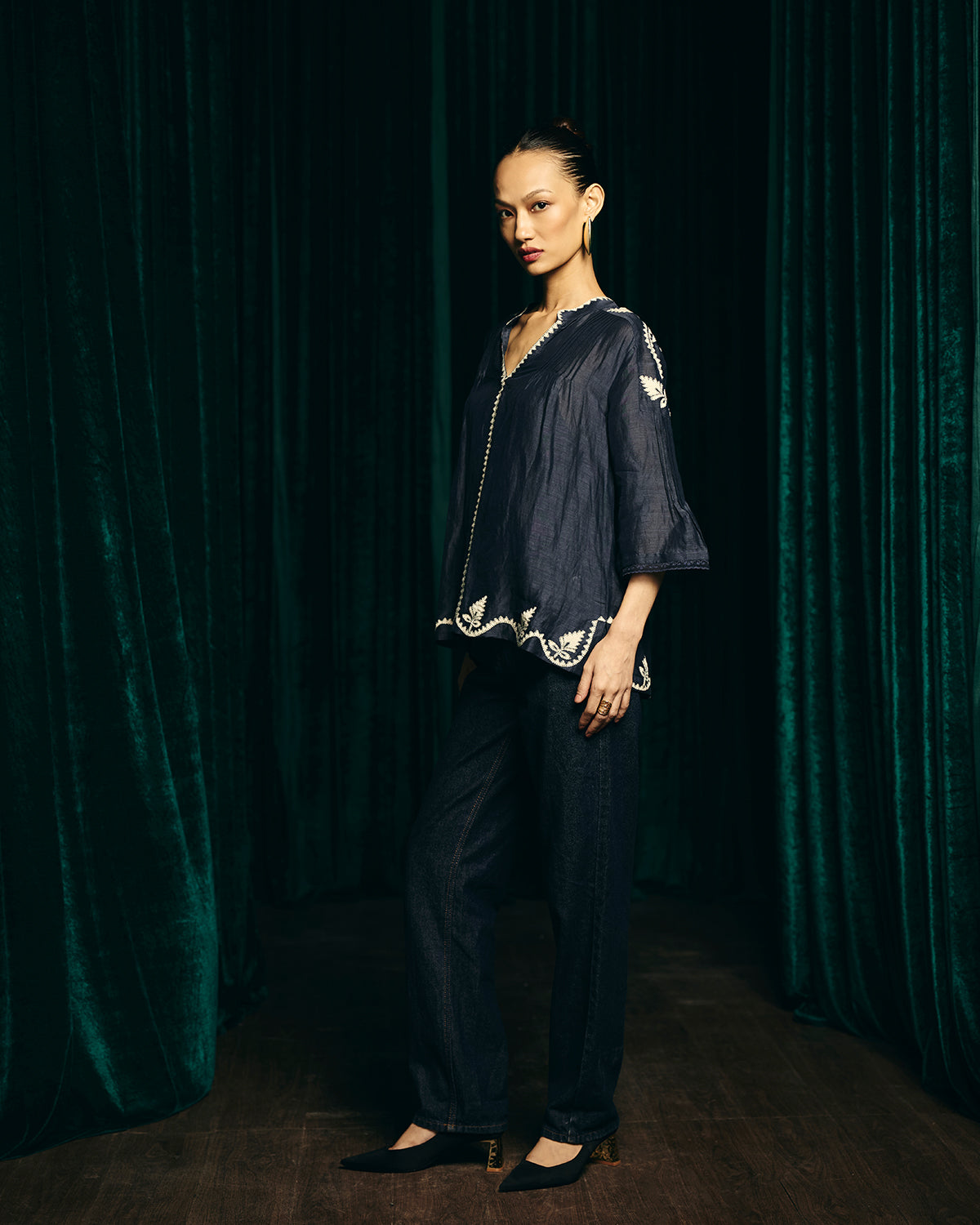 Valentina Navy Blue Embroidered Pintuck blouse