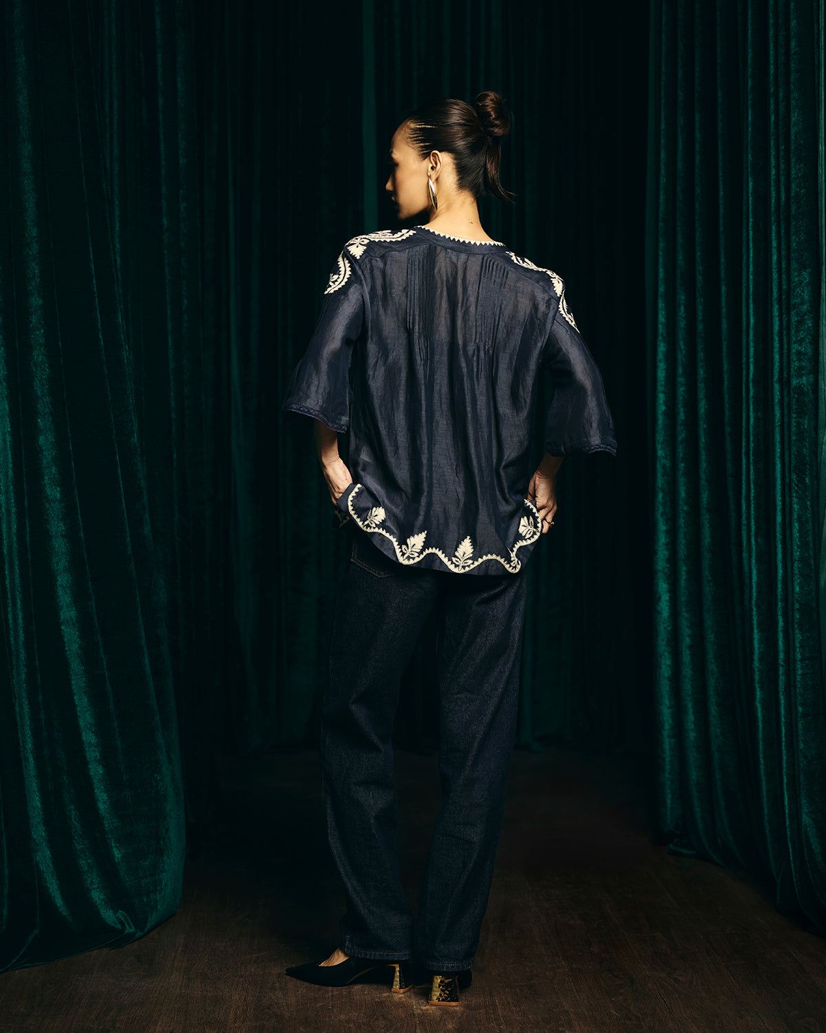 Valentina Navy Blue Embroidered Pintuck blouse