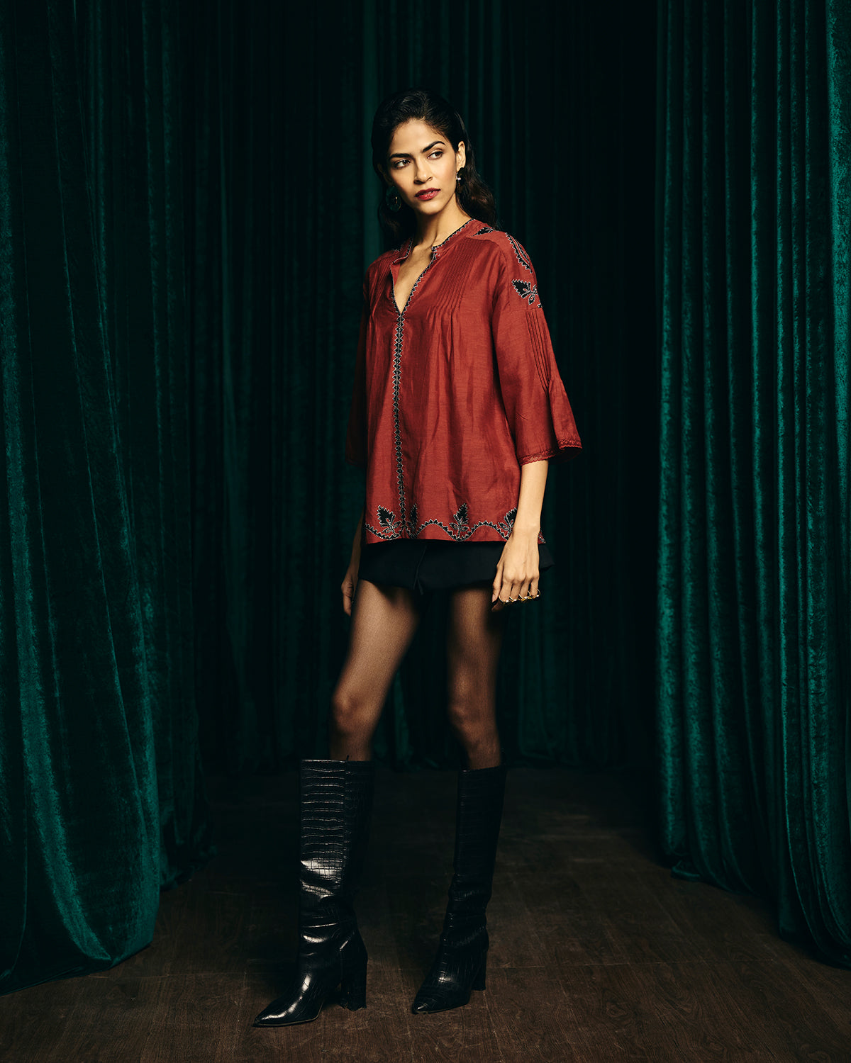 Valentina Red Embroidered Pintuck blouse