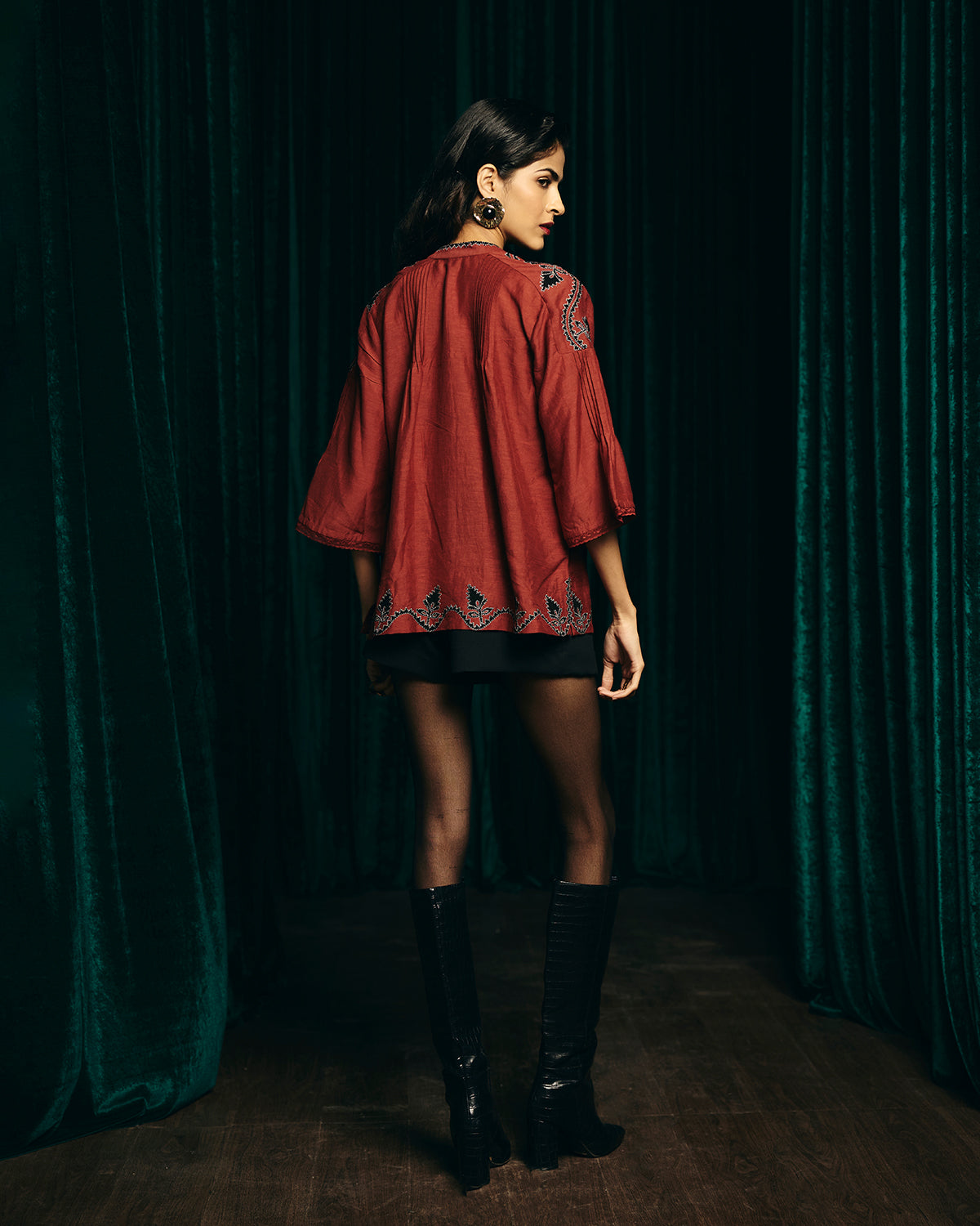 Valentina Red Embroidered Pintuck blouse