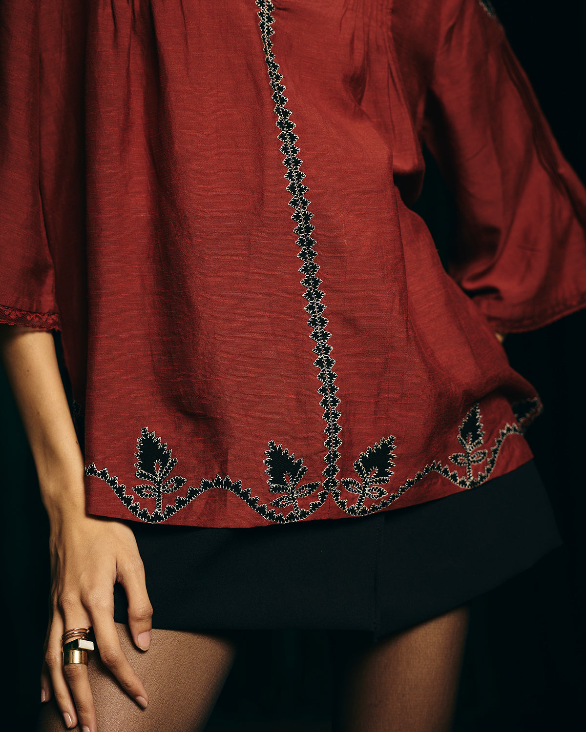 Valentina Red Embroidered Pintuck blouse