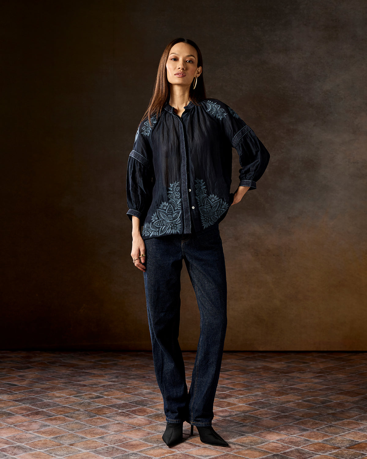 Camilla Navy Blue Emboidered  Blouse