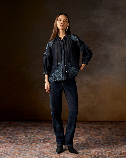 Camilla Navy Blue Emboidered  Blouse