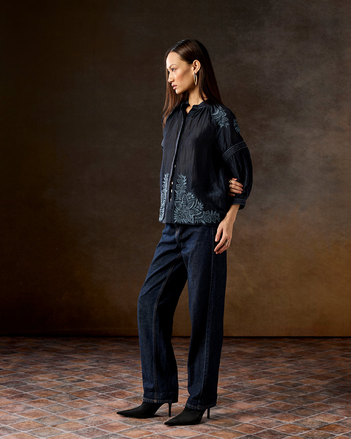 Camilla Navy Blue Emboidered  Blouse