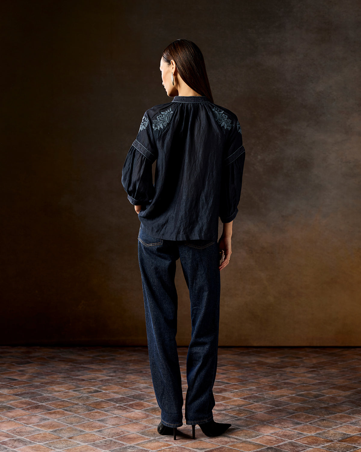 Camilla Navy Blue Emboidered  Blouse