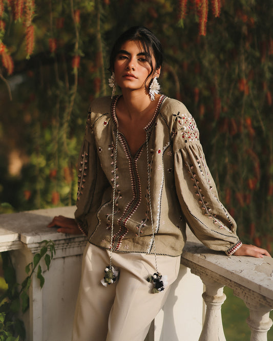 Eloise Sage Green Embroidered Top