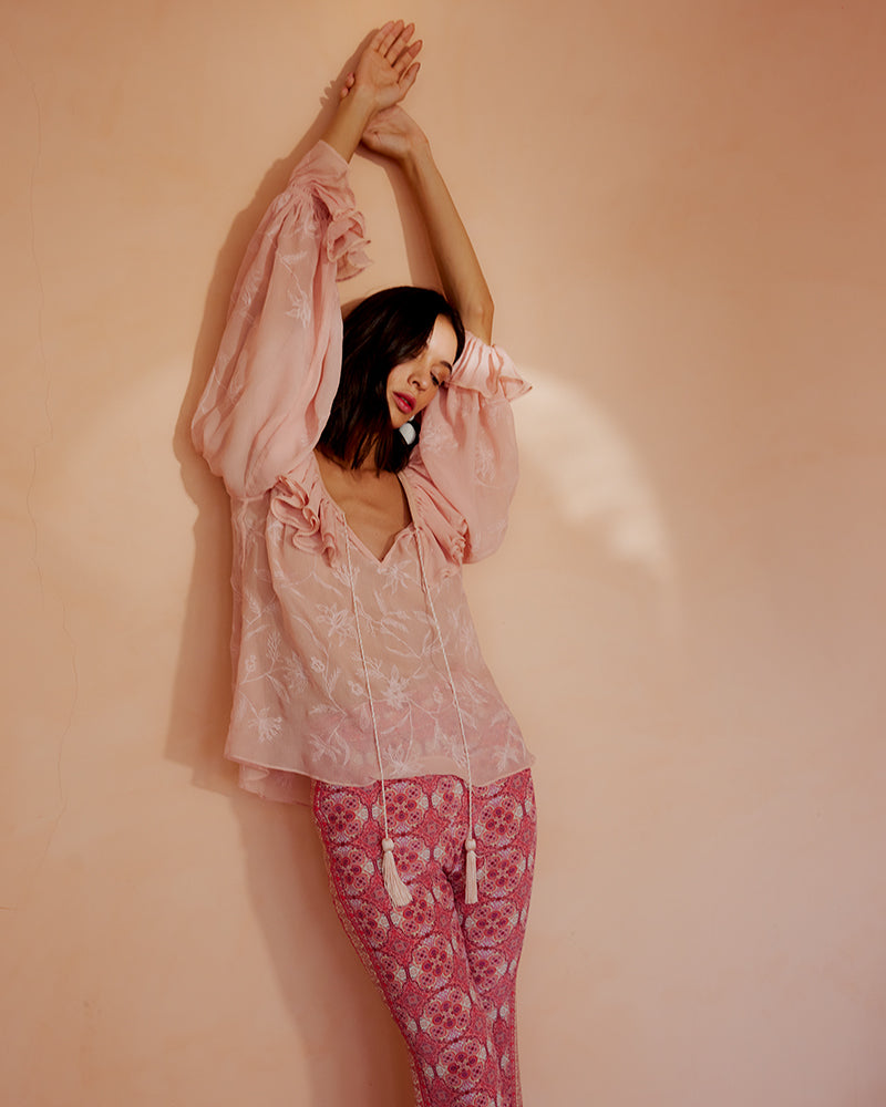 Pink Ruffled Silk Blouse With Dori Embroidery
